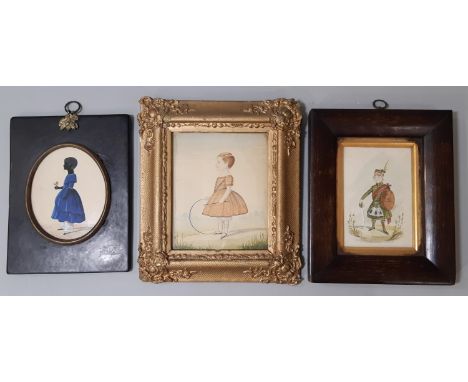 (English School, 19th Century) Three miniature full length portraits of children to include: a silhouette of a girl holding a