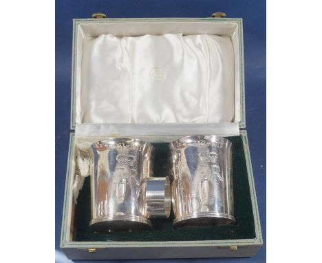 A pair of special edition silver beakers to celebrate Queen Elizabeth II silver jubilee engraved 'Here's a Health Unto Her Ma