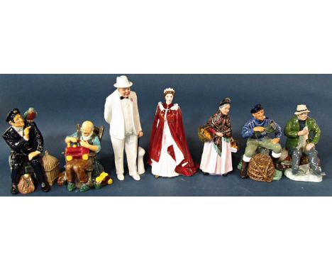 A collection of Royal Doulton figurines to include Sir Winston Churchill HN3067, Lobster Man HN 2317, A Good Catch HN2258, Sh