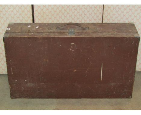 A painted timber tool box with folding front containing a mixed collection of woodworking and other tools 