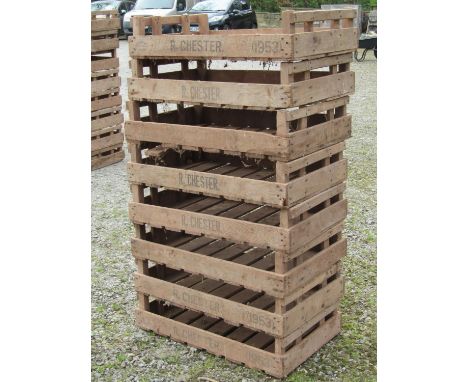 A stack of eight vintage wooden rectangular potato trays with printed lettering R. Chester, 76 cm long x 45 cm wide (af) 