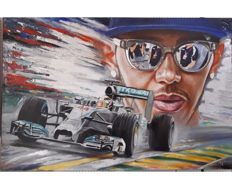Portrait of Lewis Hamilton, mixed media on canvas, 2017, signed 'AH', 100 x 150 cm, unframed 