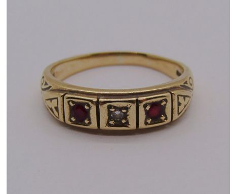 Early 21st century 9ct ruby and diamond gypsy ring, size P, 3.4g 