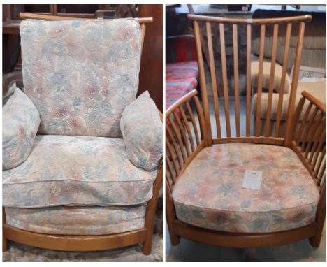 Pair of Ercol stick back chairs in ashwood (upholstery incomplete) 