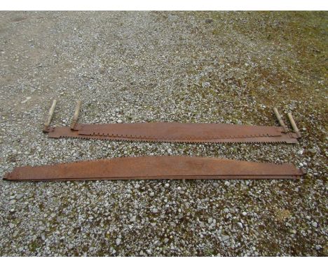Two vintage two man tree felling saws together with three blades (af) 