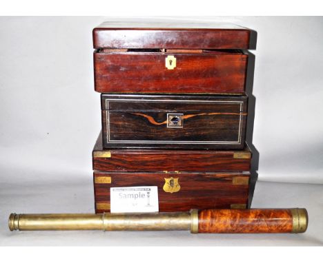 A 19th century mahogany leather lined jewellery box (af), a rosewood blue velvet lined jewellery box (af), a writing box, a p