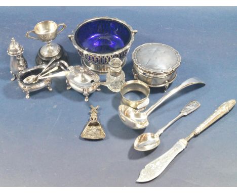 A selection of various silver and silver plated items to include a miniature trophy, sauce ladle, mustard spoons, trinket box