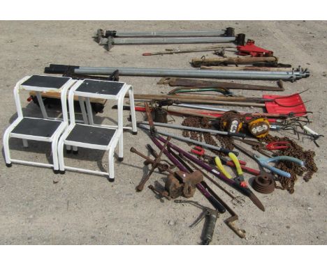 A Black and Decker Workmate, vintage and later, mainly gardening related hand tools, two man saw, pitch fork, a pair of Saund