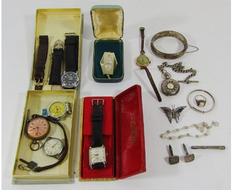 Mixed lot comprising several watches to include a 935 silver half hunter pocket watch on silver Albert chain and an antique 9