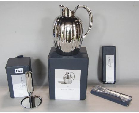 Georg Jensen design Tunes candle holder and a Bernadotte stainless steel water pitcher and bottle opener. 3 