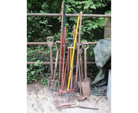 A quantity of vintage and later long handled mainly gardening related tools 
