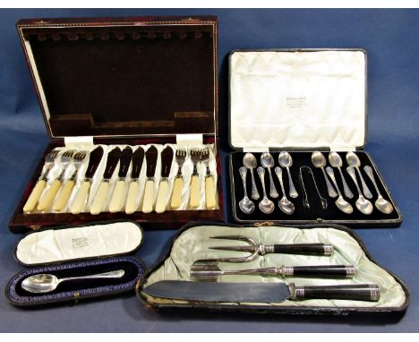 A cased set of silver plated tea spoons and sugar tong, a cased set of six fish knives and forks, a cased set of ebony handle