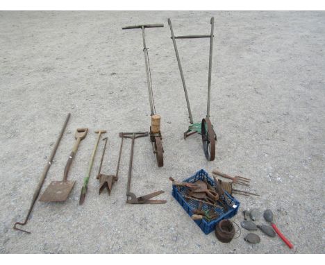 A vintage Planet Junior Jiffy hoe/seeder with wooden T shaped handle, a further Planet Junior push hoe and a small collection