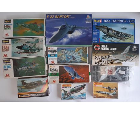 12 model kits, all 1:72 scale models of jet fighter aircraft including kits by Airfix, Frog, Hasegawa, Revell, Matchbox and I