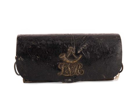LATE 19TH/EARLY 20TH CENTURY LEATHER CASED AMMUNITION POUCH,the cover mounted with initials 'LVR' below a bugle, fitted inter