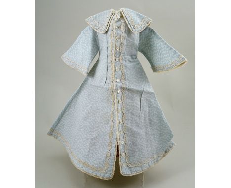 A good light blue and cream cotton dress for size 6 French Bru Jne, 1880s, with long flared sleeves, shaped collar and button