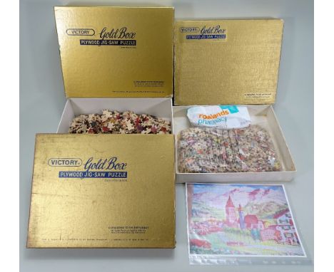 Three Victory Gold Box 1000 piece plywood hand-cut Jig-Saw Puzzles, Debham Mill (Old Master), Alpine Village (Outdoor) and Th