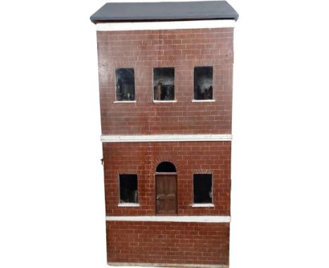 A wooden painted Victorian Dolls House and Milliners Shop, the tall red brick house with panelled front door and fan light, f