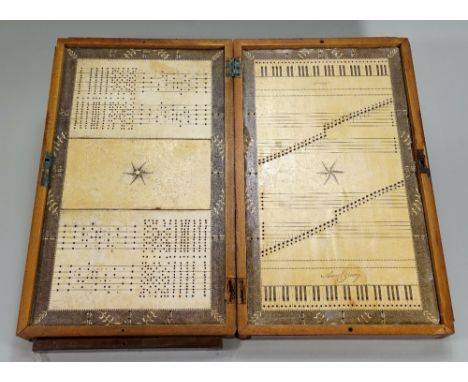 Rare boxed educational Musical Game by Ann Young, patented 1801, the mahogany box opens to reveal two parts of the playing bo