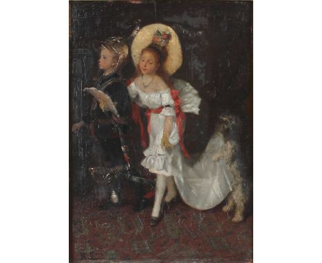 Öl/Holz, u. rechts monogrammiert K. E, Darstellung eines Jugend in Paradeuniform und Mädchen im Kleid mit Schleier und Hund, 