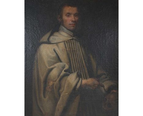 Öl/Leinwand, doubliert auf Holzplatte, Portrait eines jungen Mönchs mit Schädel in der Hand, keine erkennbare Signatur, Höhe 
