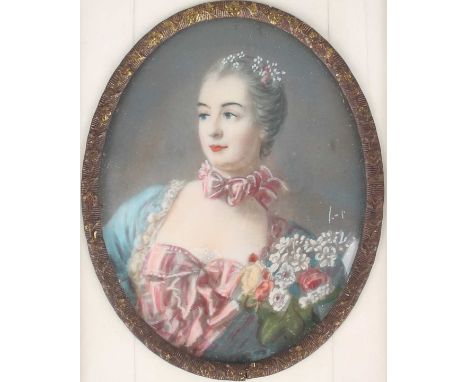  Malerei auf Elfenbeinplatte, Portrait von Madame de Pompadour, u. rechts signiert, Sichtmass oval 8,5 x 6,5 cm, Rahmen 15 cm