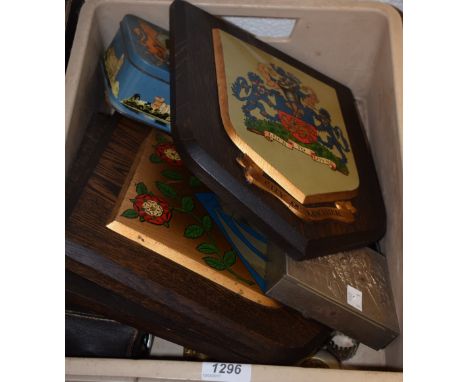 Boxes & Objects - a painted wooden wall shield, Morecambe others Lancaster & Worcester;  a Silver pill box/compact;  Bradford