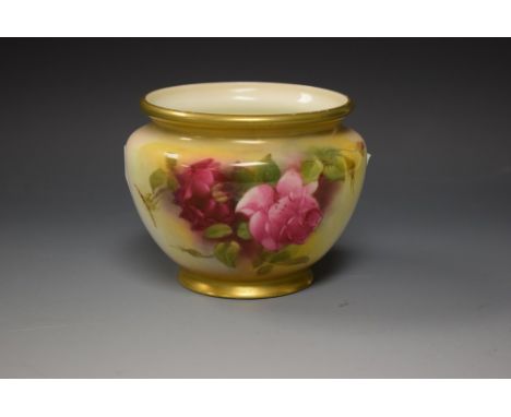 A Royal Worcester ovoid vase, painted with red and pink cabbage roses, burnished gilt borders, 8.5cm high, printed crown and 