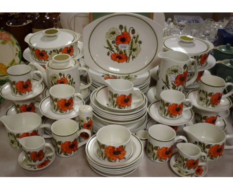 A J & G Meakin Poppy pattern part dinner and tea service comprising plates, side plates, vegetable dishes, serving platters, 