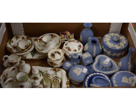 Ceramics - miniature Royal Albert Old Country Roses including jar and cover, chamber stick, bell, vase, etc;  Wedgwood jasper