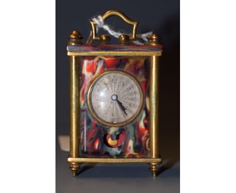 A miniature Edwardian carriage clock, silvered face, exposed pendulum