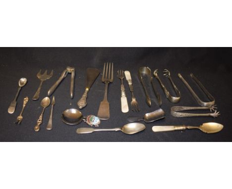 Silver and Plate - a pair of George II silver sugar tongs, London, Joseph Steward II, c.1790; others plated, caddy spoons; et