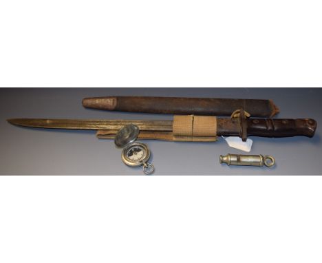 A bayonet; a trench whistle; a 1916 compass (3) 