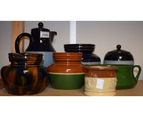 Denby - three Bourne tobacco jars; a Slaymaker & Co green glazed twin handled bowl; light and dark blue glazed jug and jar le