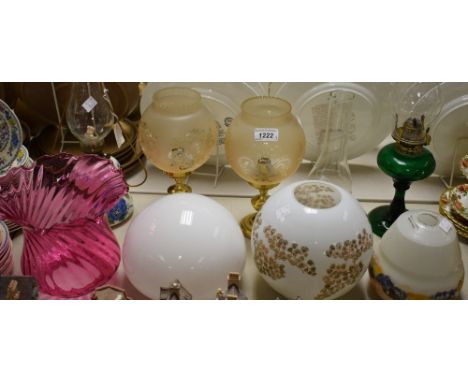 Lighting - a Victorian style cranberry glass lamp shade;  others milk glass, etc;  a pair of brass table lamps etc (9)