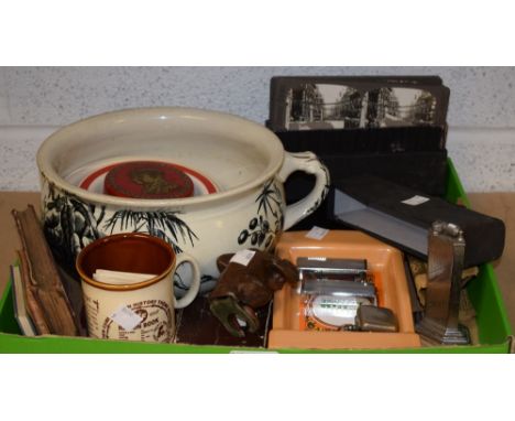 Collectors items to include a cast painted spelter monkey, possibly a cigarette picker; coronation stereoscopic cards in box;