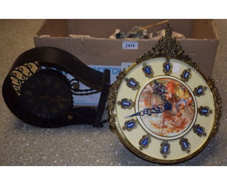 Clocks - a continental chiming wall clock, cream printed dial, Roman numerals; another, wrought iron and tin (2)