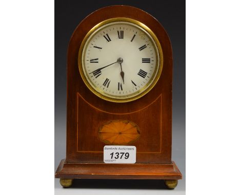 An Edwardian inlaid mahogany dome top mantel clock, white dial, Roman numerals, French key wind movement