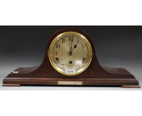 A Napolean mahogany mantel clock presented to R.T.Younghusband by the Victoria Street Congregational Church Choir 1922