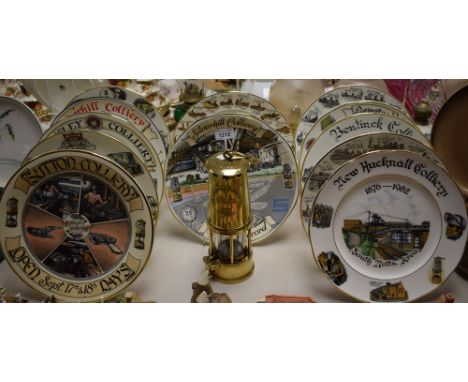 Mining Interest - an Eccles miners lamp; 12 commemorative plates, Derbyshire and Nottinghamshire collieries 