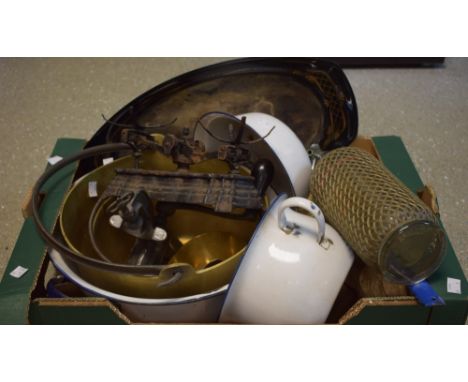 Kitchenalia - A wire mesh encased soda syphon;  cast iron kitchen scales;  brass jam pan;  another smaller;  enamel half sauc