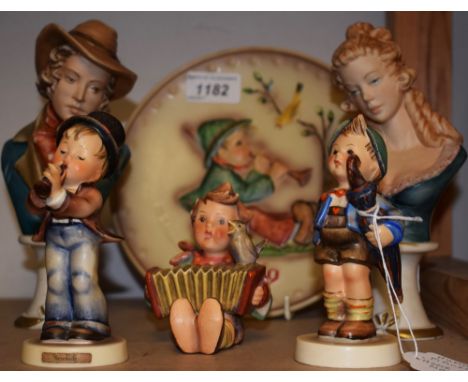 A Goebel Hummel figure Lets Sing, others Serenade; Home From Market;  a pair of Capodimonte busts, Maiden and Dandy, both sig