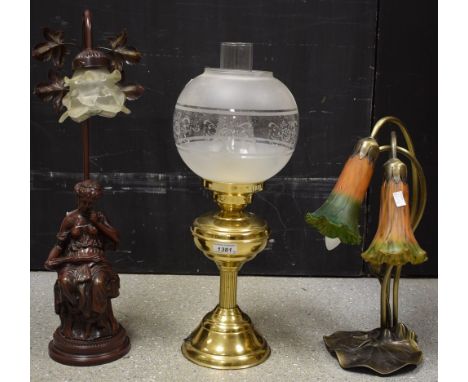 Lighting - An Art Nouveau three branch table lamp modelled as flowers and lily pads;  others (3)