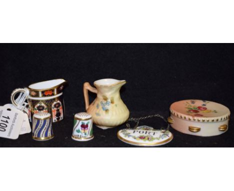 Ceramics - a miniature Royal Crown Derby 1128 jug;  two thimbles;  Royal Worcester blush jug; Robinson & Leadbeater Tambourin