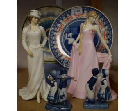 Royal Worcester figure Maureen; Coalport fair Isabel 497/7500; pair of Delft figures of children; two Wedgwood commemorative 