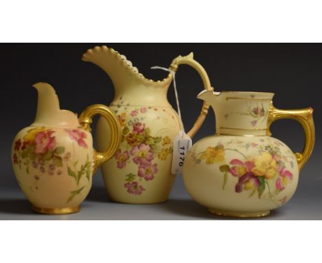 A Royal Worcester ovoid jug, printed and painted with spring flowers on a blush ivory, gadrooned border, scroll handle, 16cm 