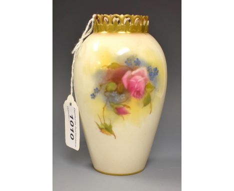 A Royal Worcester slender ovoid vase, painted with red and pink cabbage roses, lily and forget-me-nots, pierced neck, 14cm hi