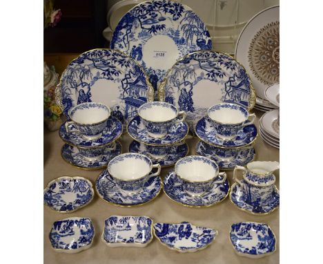 A Royal Crown Derby Mikado pattern tea set, eight cups and saucers, six dinner plates, a pair of bread and butter plates, cre