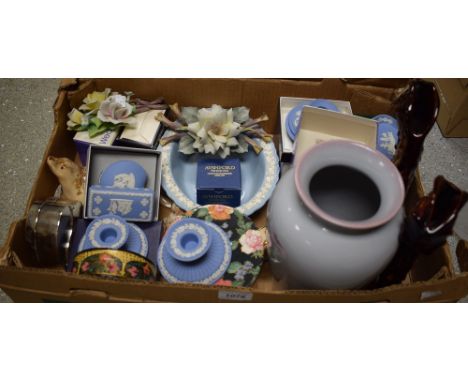 Ceramics - Wedgwood blue jasper ware candlesticks, trinket boxes, trays etc;  oval Queens ware bowl,  Denby vase,  Capodimont