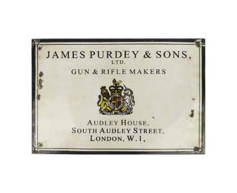 REPRODUCTION PURDEY AND SONS ENAMEL SIGN, vintage style, 26cm H x 38cm.